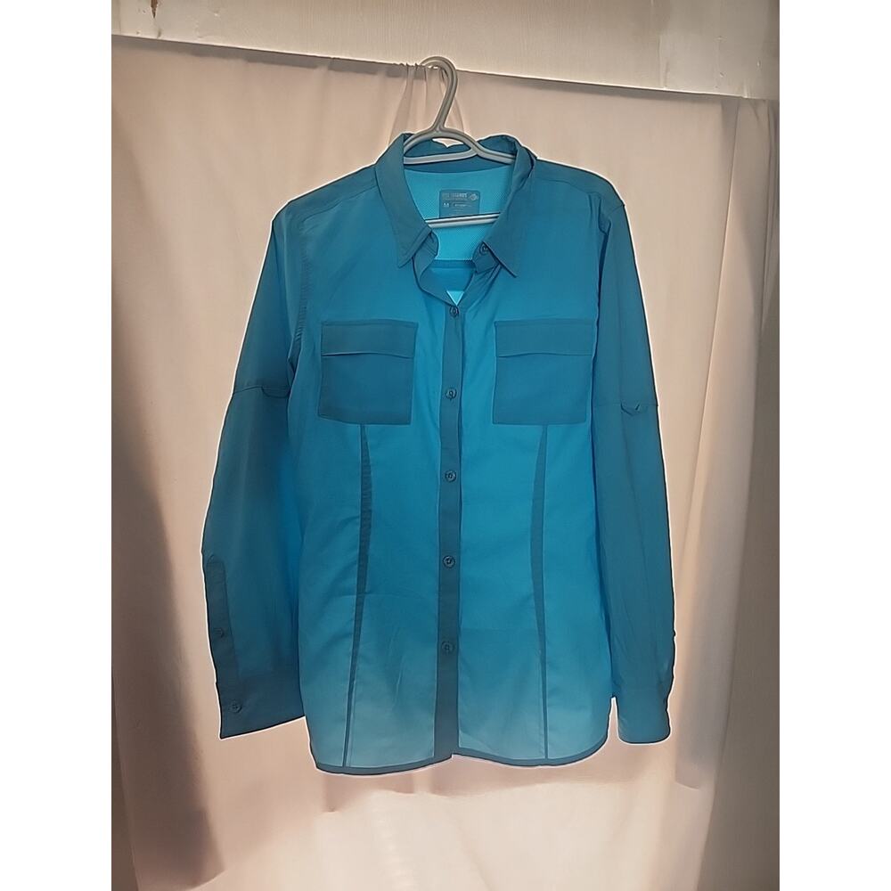 REEL LEGENDS Womens Button Up Shirt Long Sleeve Chest Pockets Green Blue M